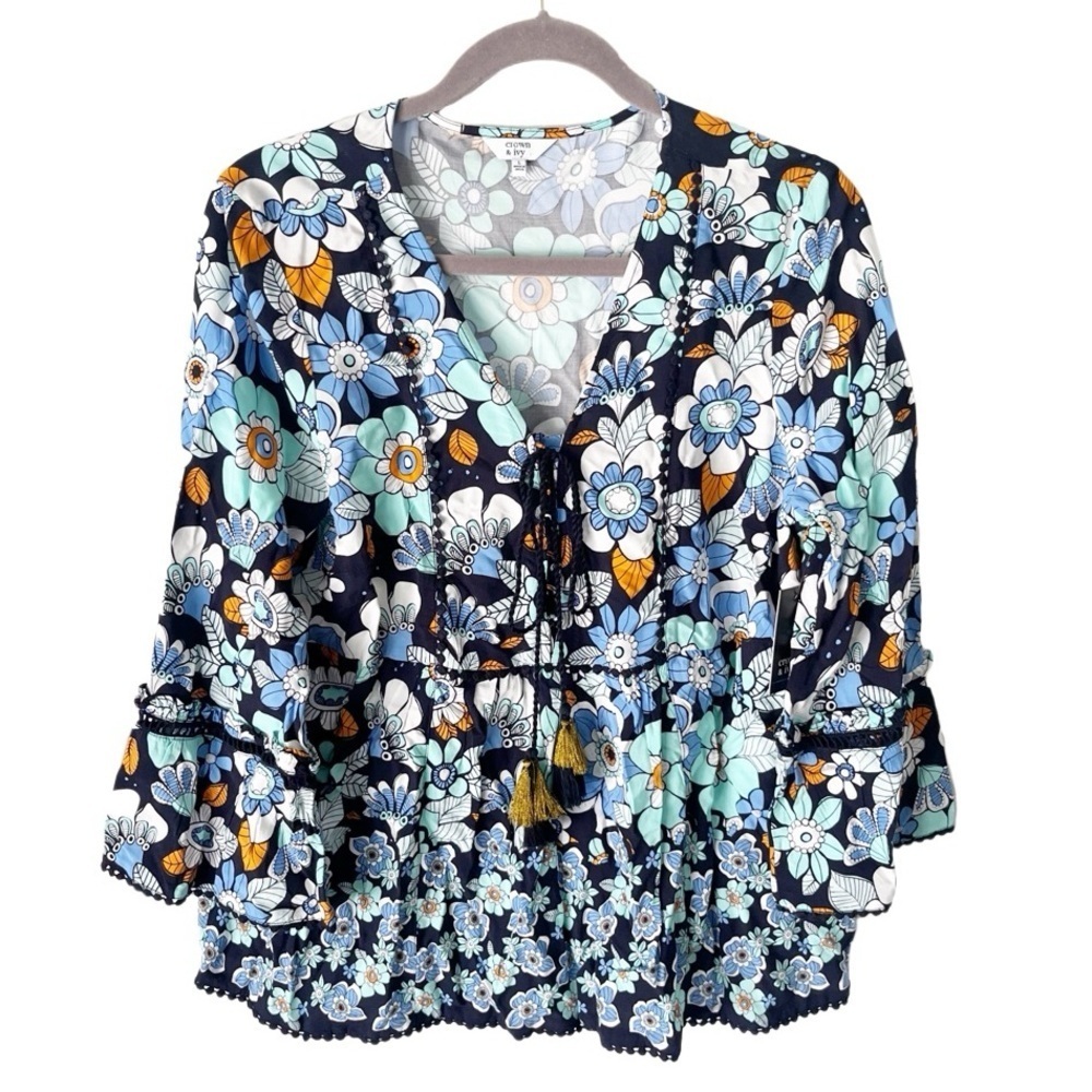 crown & ivy Navy Floral Peasant Blouse with Blue, Mint & Gold Accents
